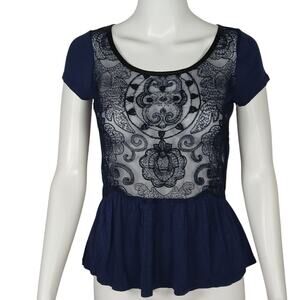 American Eagle Outfitters Beaded Sheer Dark Blue Top Womens Scoop Neck XS